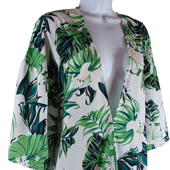 Anandas Collection Green Floral Kimono Cover Up Fringe Hem Free Size Resortwear - Picture 4 of 10